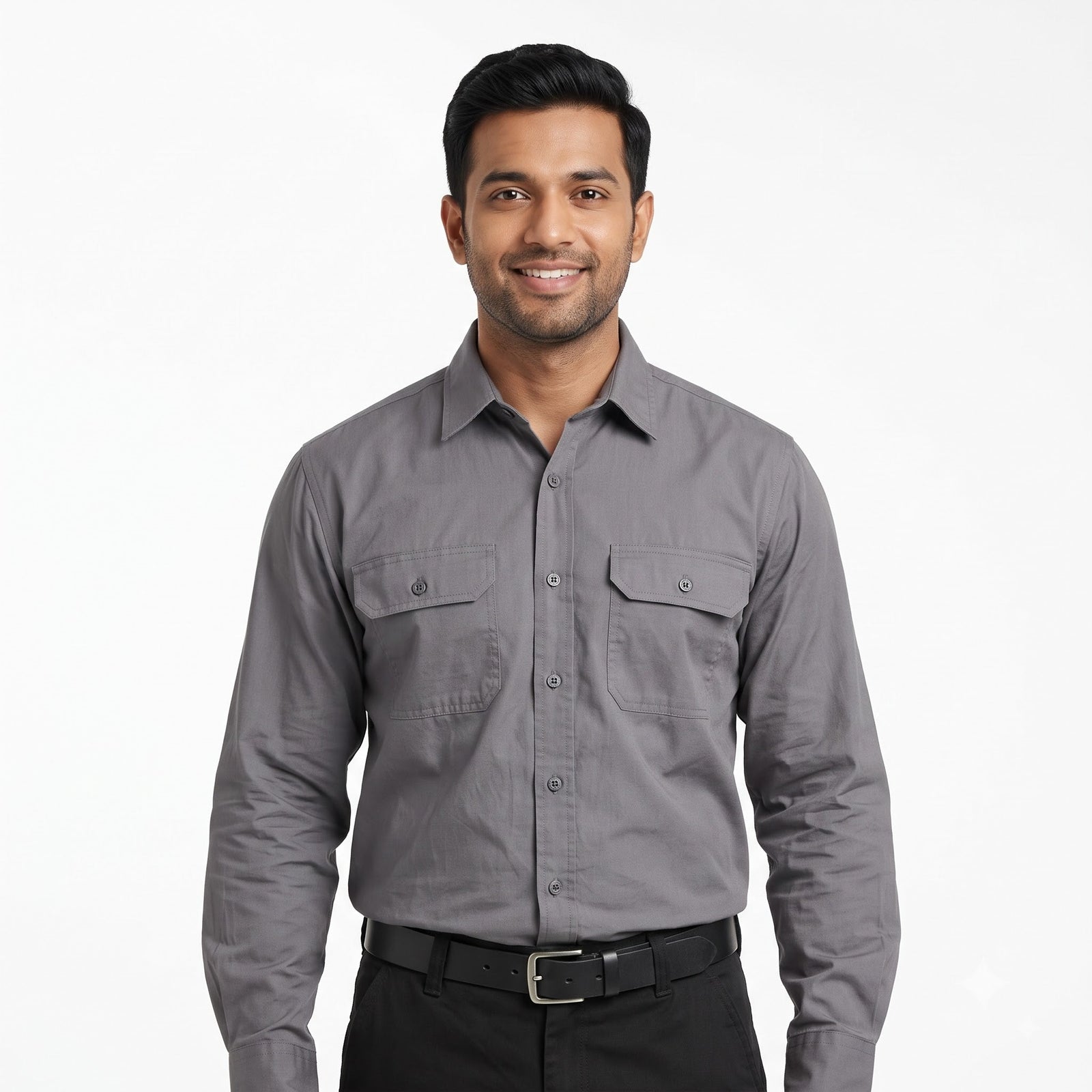 Men & Women Grey Shirt Black Trouser Work Uniform Set