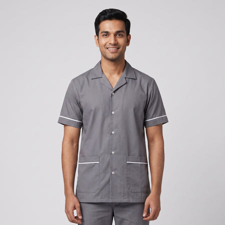 Gray Men's Nurse Uniform, Half Sleeve with White Piping