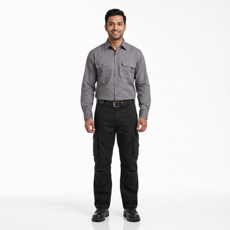 Men & Women Grey Shirt Black Trouser Work Uniform Set