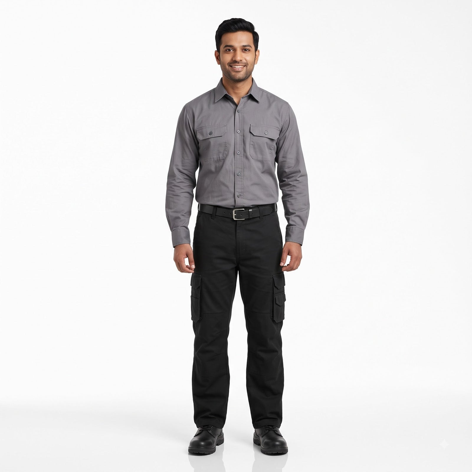 Men & Women Grey Shirt Black Trouser Work Uniform Set