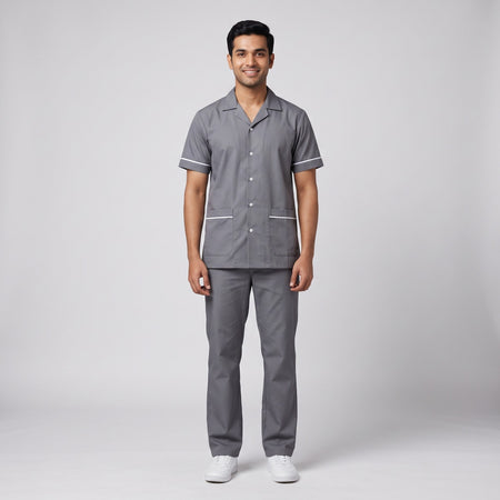 Gray Men's Nurse Uniform, Half Sleeve with White Piping