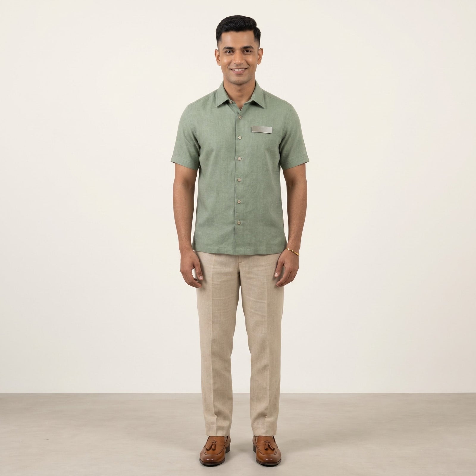 Sage Green Linen Shirt Resort Staff Uniform Set