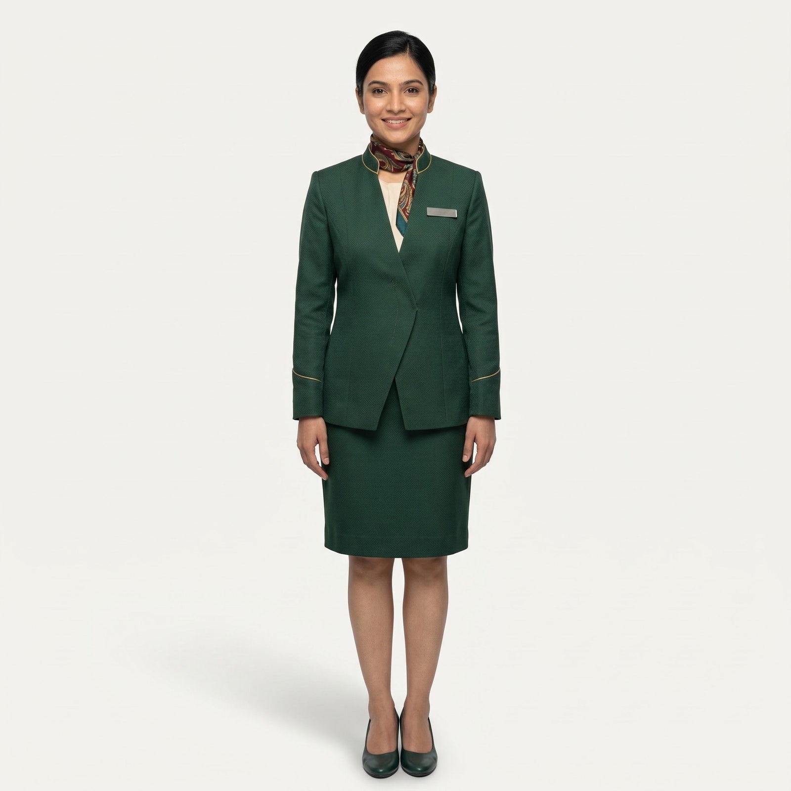 Women's Forest Green Gold-Piped Jacket Front Office Uniform Set