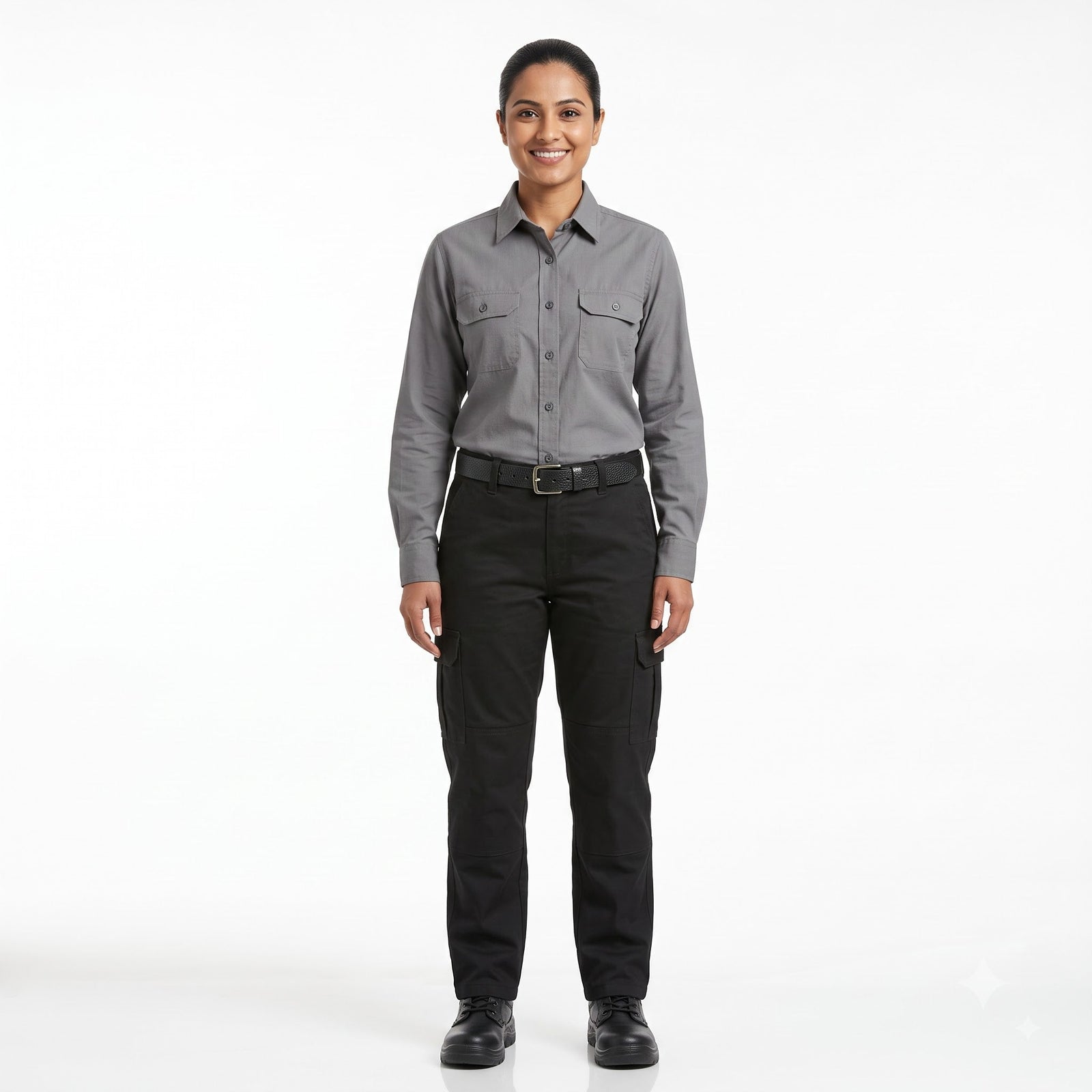 Men & Women Grey Shirt Black Trouser Work Uniform Set