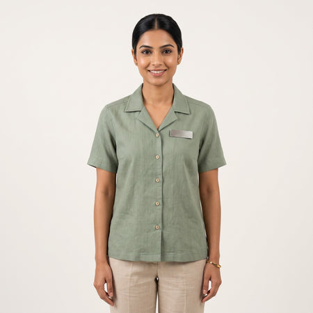 Sage Green Linen Shirt Resort Staff Uniform Set