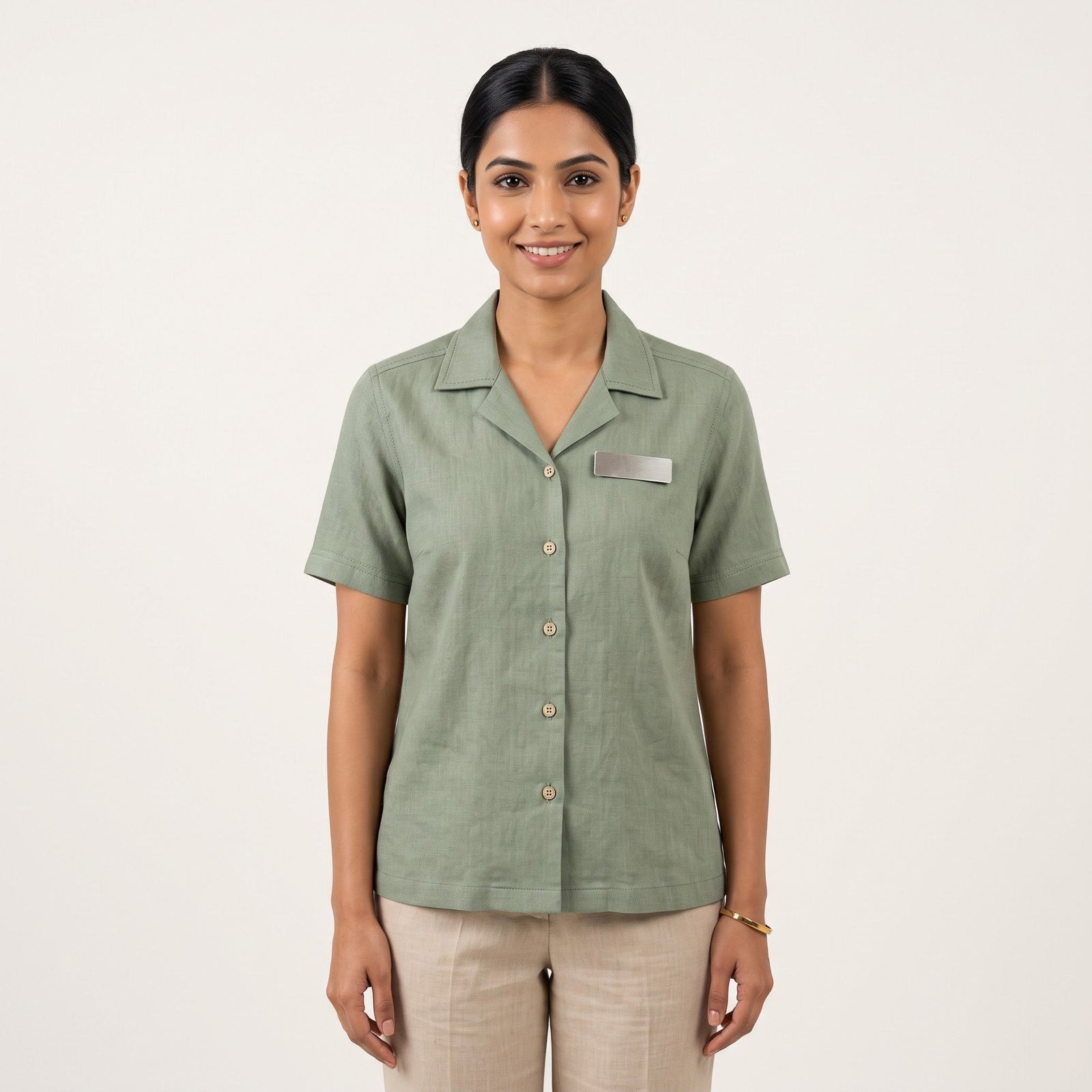 Sage Green Linen Shirt Resort Staff Uniform Set