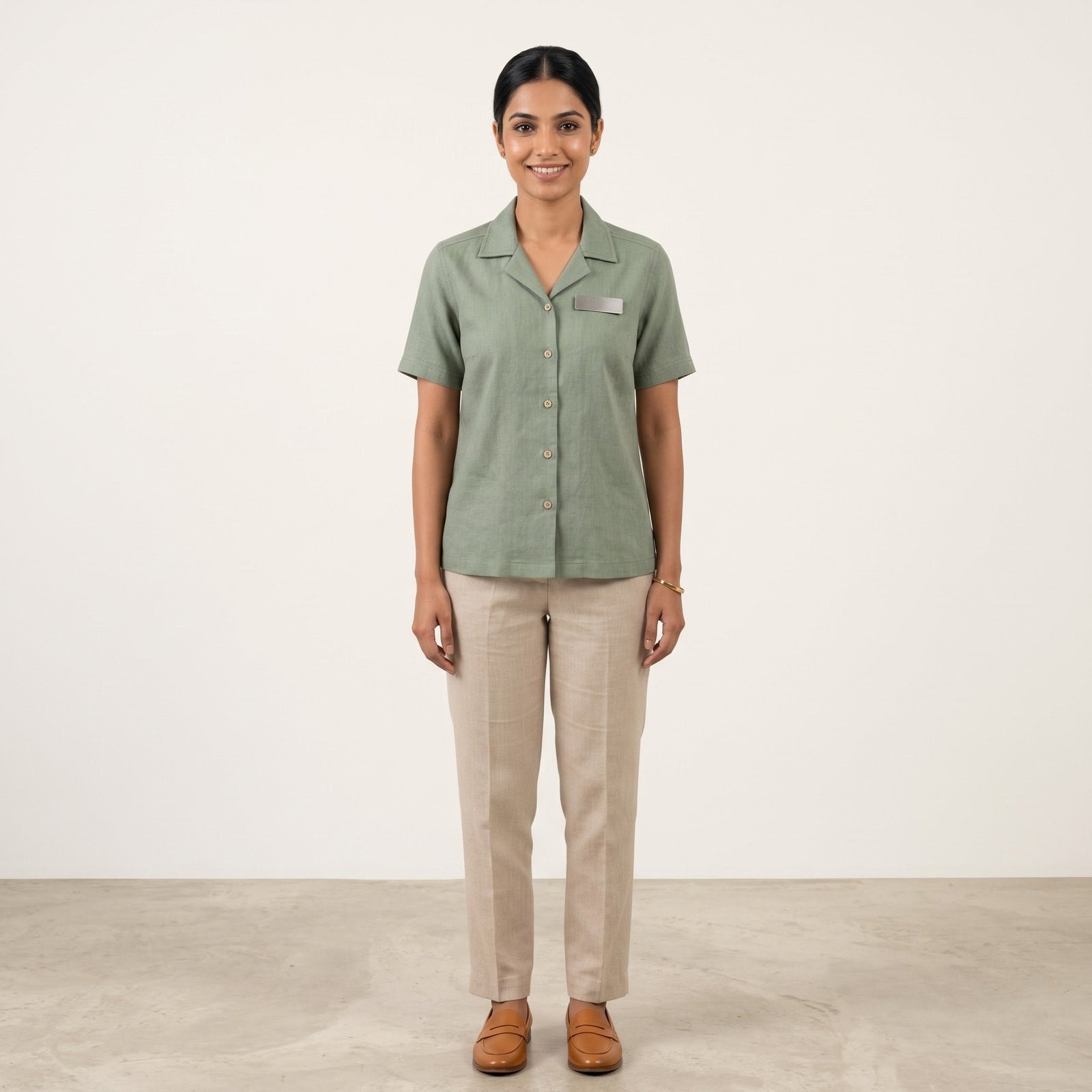 Sage Green Linen Shirt Resort Staff Uniform Set
