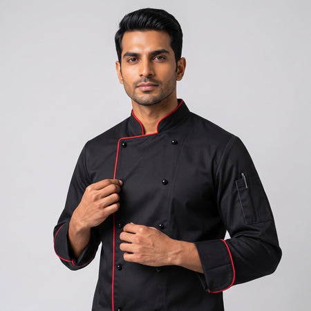 Black Chef Coat with Red Contrast Piping