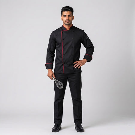 Black Chef Coat with Red Contrast Piping