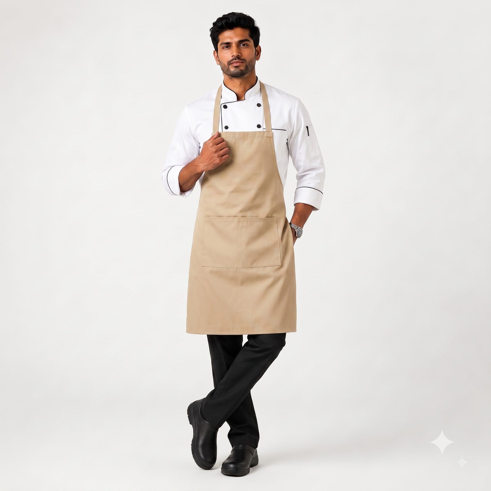 Beige Cotton Apron with Front Pocket