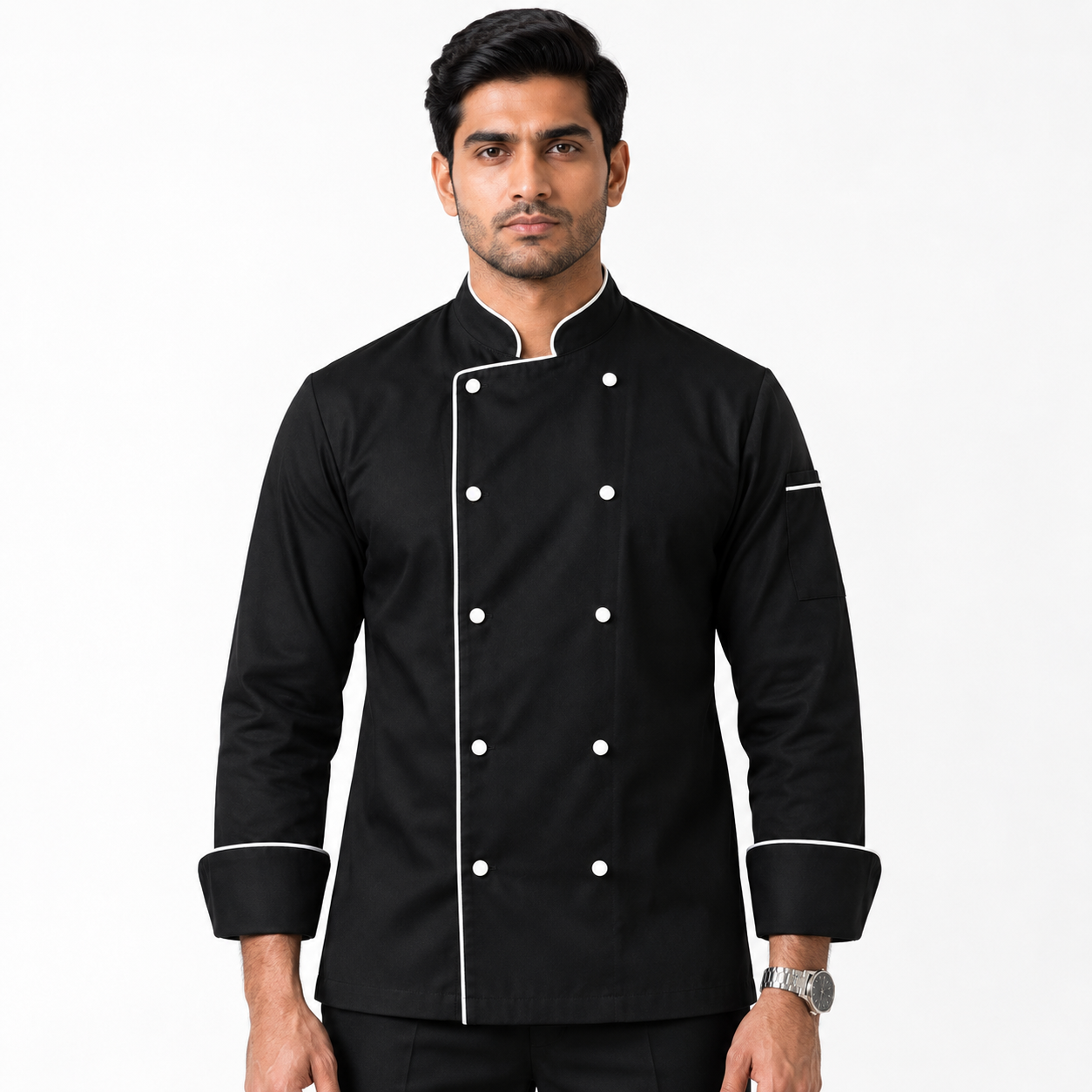 Black Chef Coat with White Contrast Piping