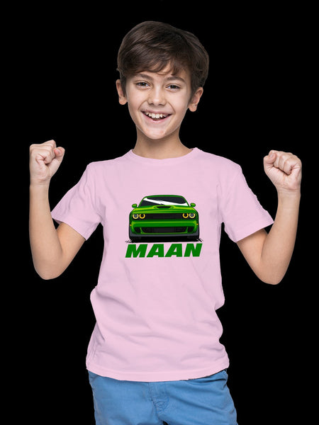 Green car with custom boy Name T-shirt