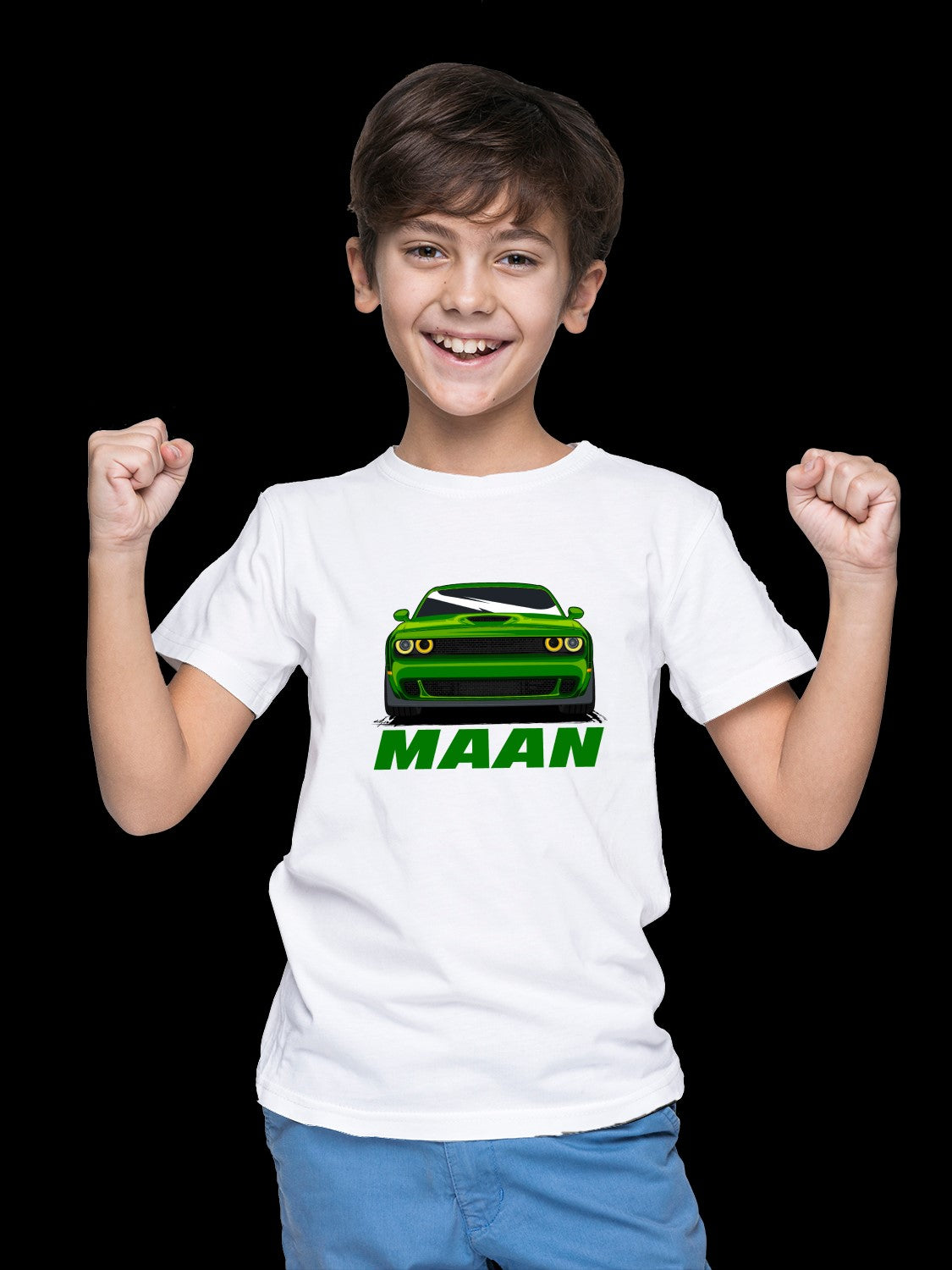 Green car with custom boy Name T-shirt