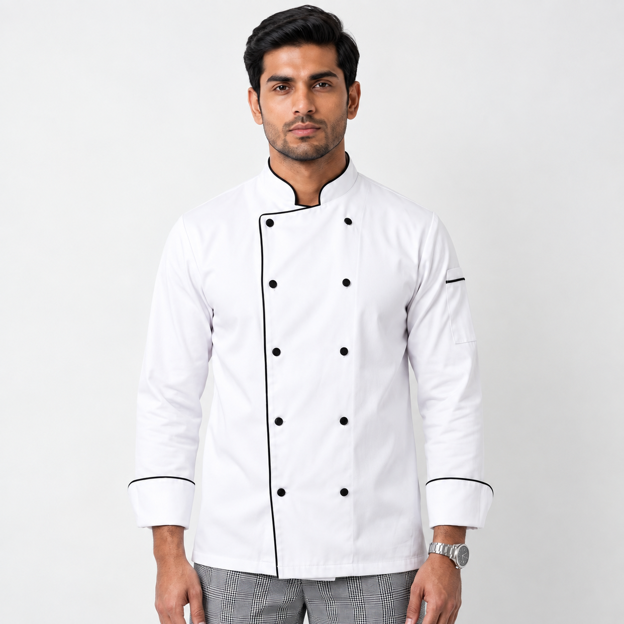White Chef Coat with Black Contrast Piping