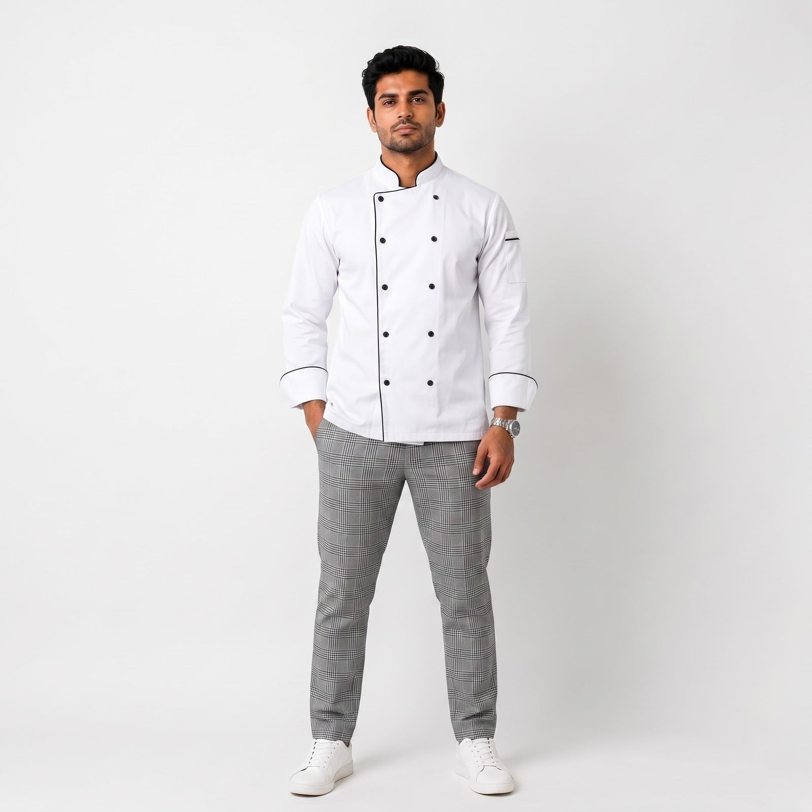 White Chef Coat with Black Contrast Piping